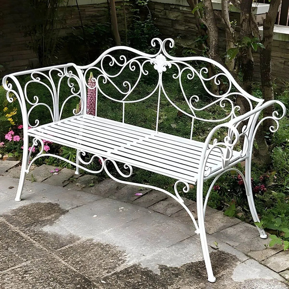 Rococo-Inspired Outdoor Bench in Powder-Coated Iron Frame Main Product Image Main image