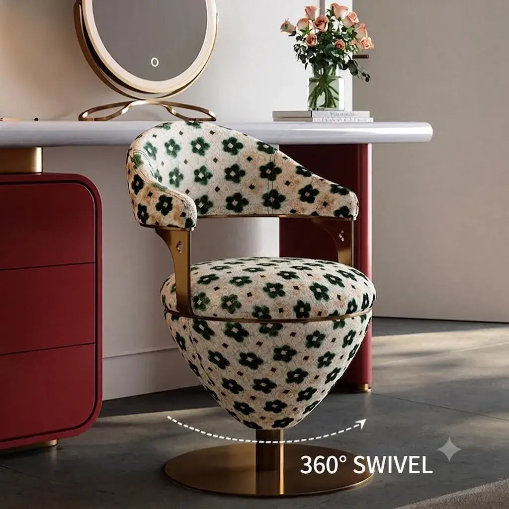 Romantic Jacquard Vanity Stool for Bedroom, Plush Chenille Comfort