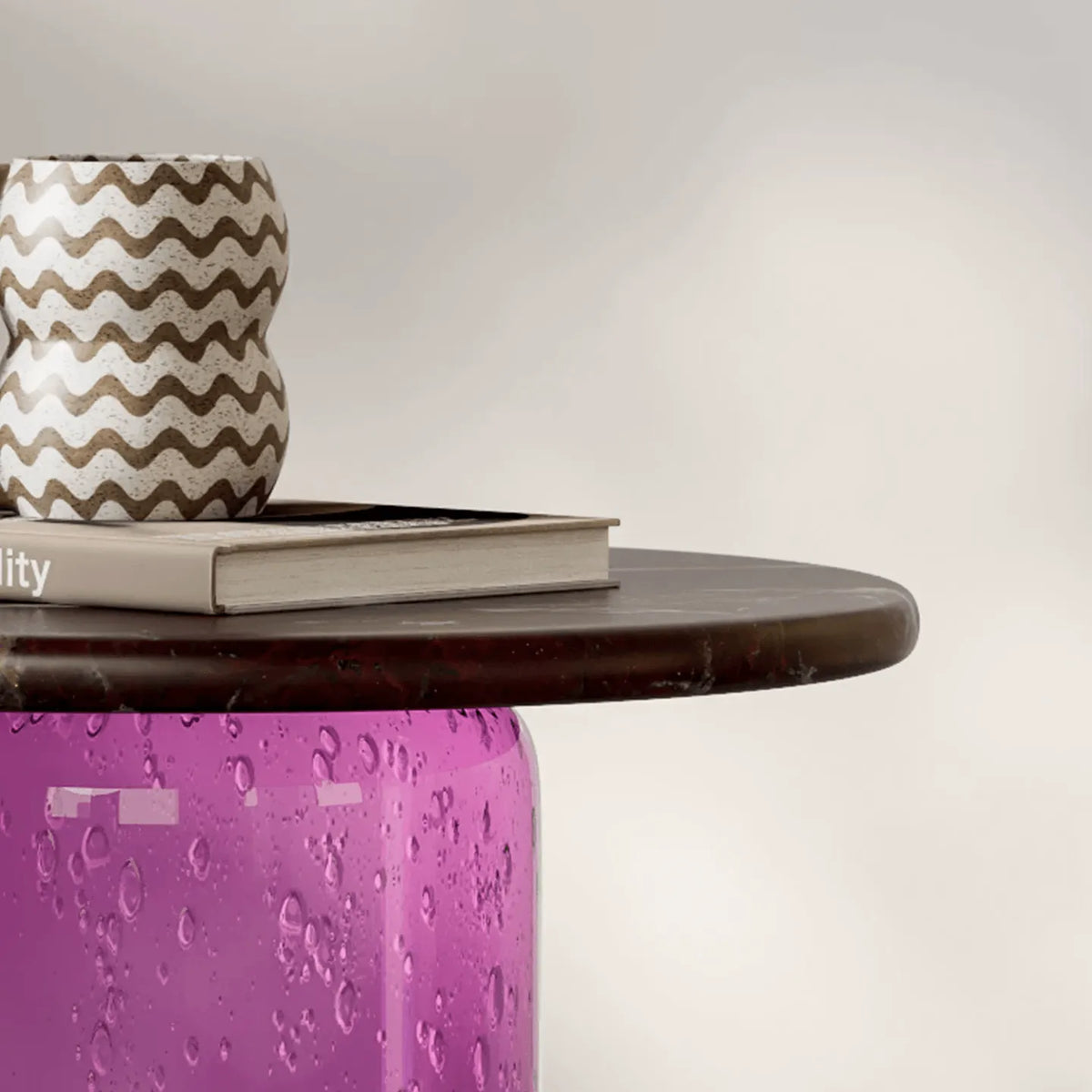 Rosso Marble and Bubble Glass Sculptural Side Table for Living Rooms
