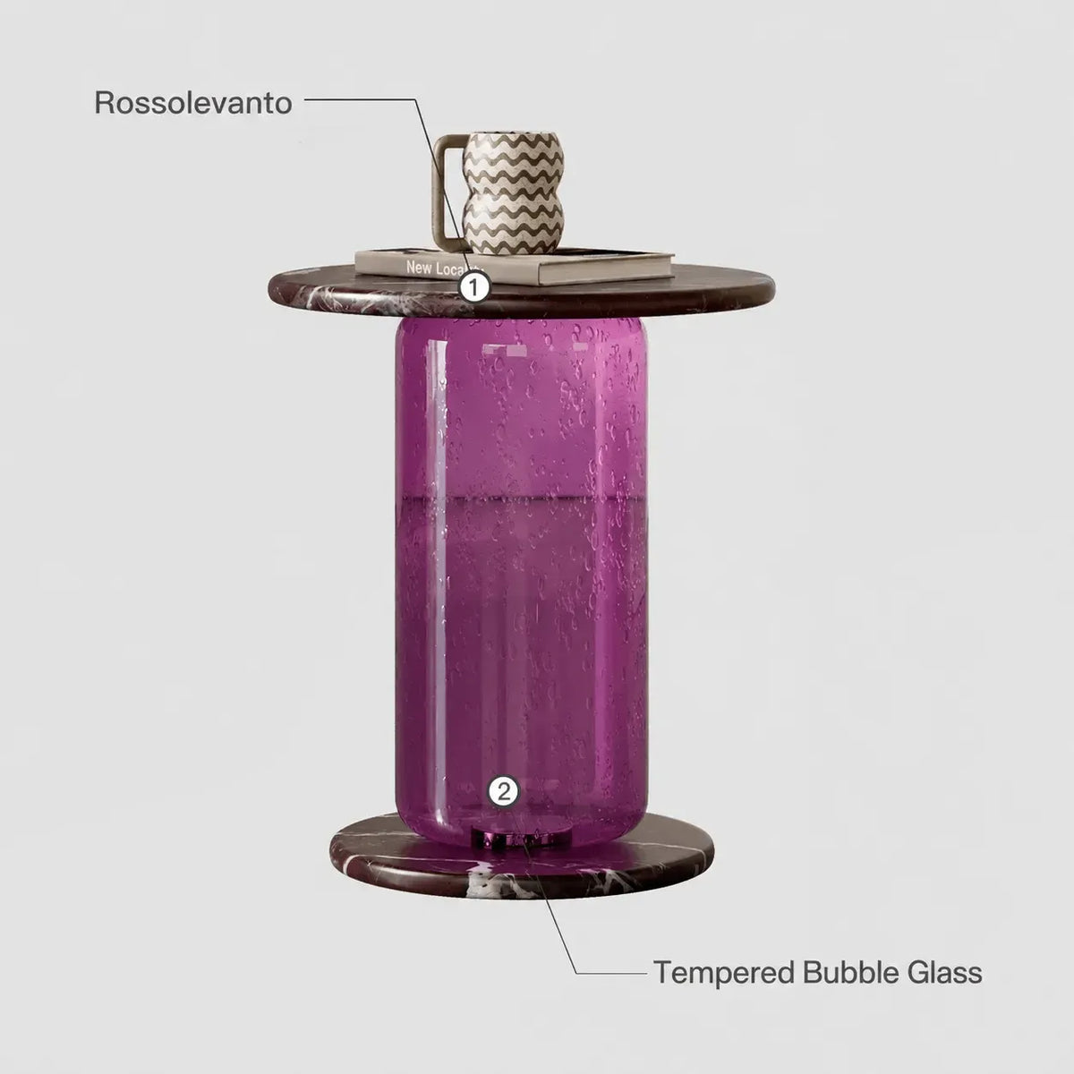 Rosso Marble and Bubble Glass Sculptural Side Table for Living Rooms