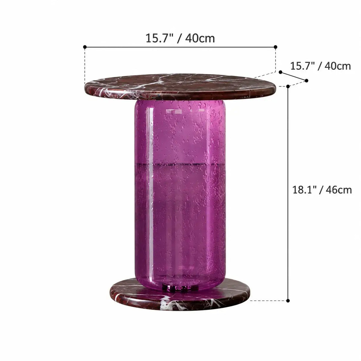 Rosso Marble and Bubble Glass Sculptural Side Table for Living Rooms Dimensions