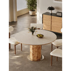 Round Burlwood Dining Table With Thick Column Base and Metal Disc
