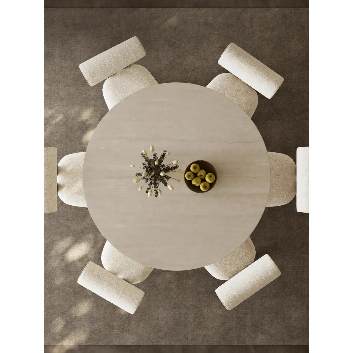 Round Burlwood Dining Table With Thick Column Base and Metal Disc