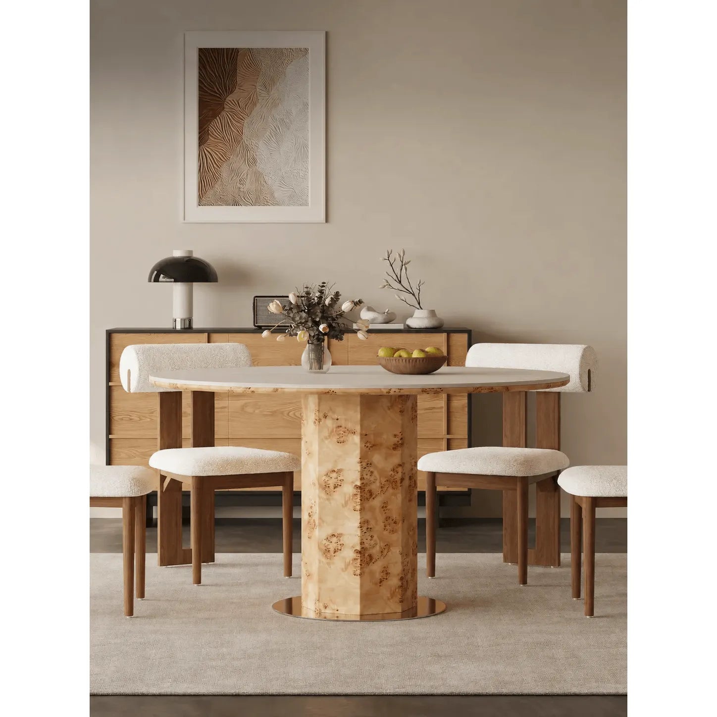 Round Burlwood Dining Table With Thick Column Base and Metal Disc Secondary image