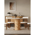 Round Burlwood Dining Table With Thick Column Base and Metal Disc