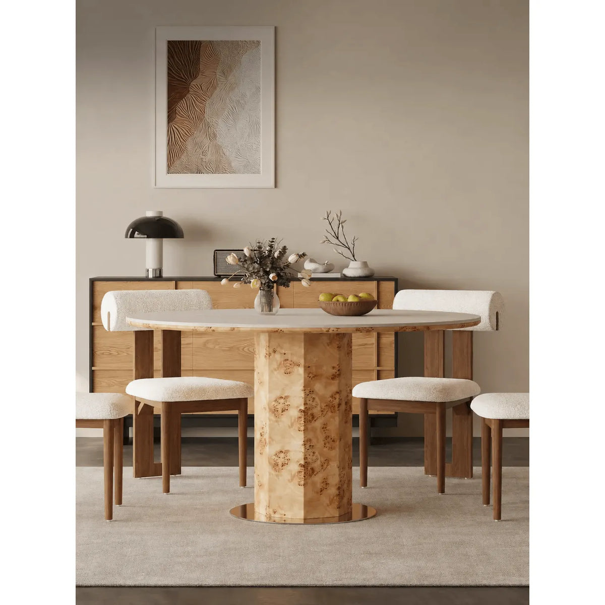 Round Burlwood Dining Table With Thick Column Base and Metal Disc