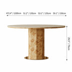 Round Burlwood Dining Table With Thick Column Base and Metal Disc Dimensions