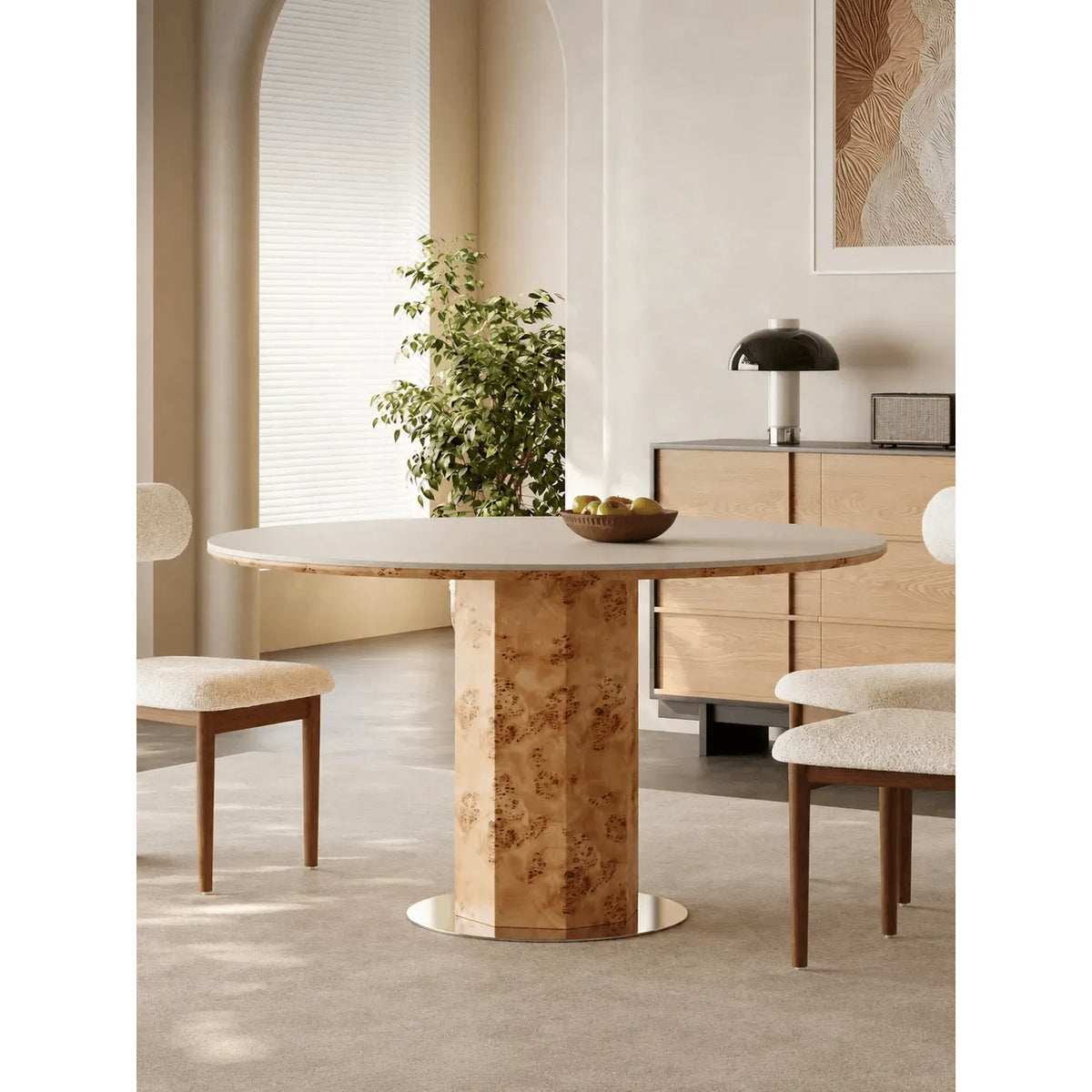 Round Burlwood Dining Table With Thick Column Base and Metal Disc Main Product Image