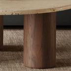 Round Coffee Table with Beige Travertine and Wooden Base