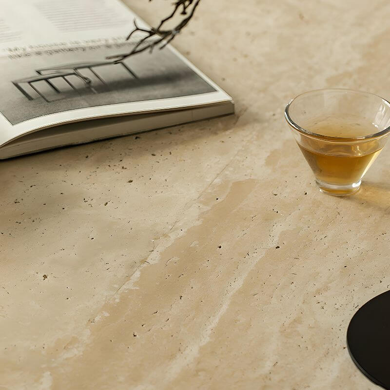 Round Coffee Table with Beige Travertine and Wooden Base