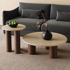 Round Coffee Table with Beige Travertine and Wooden Base