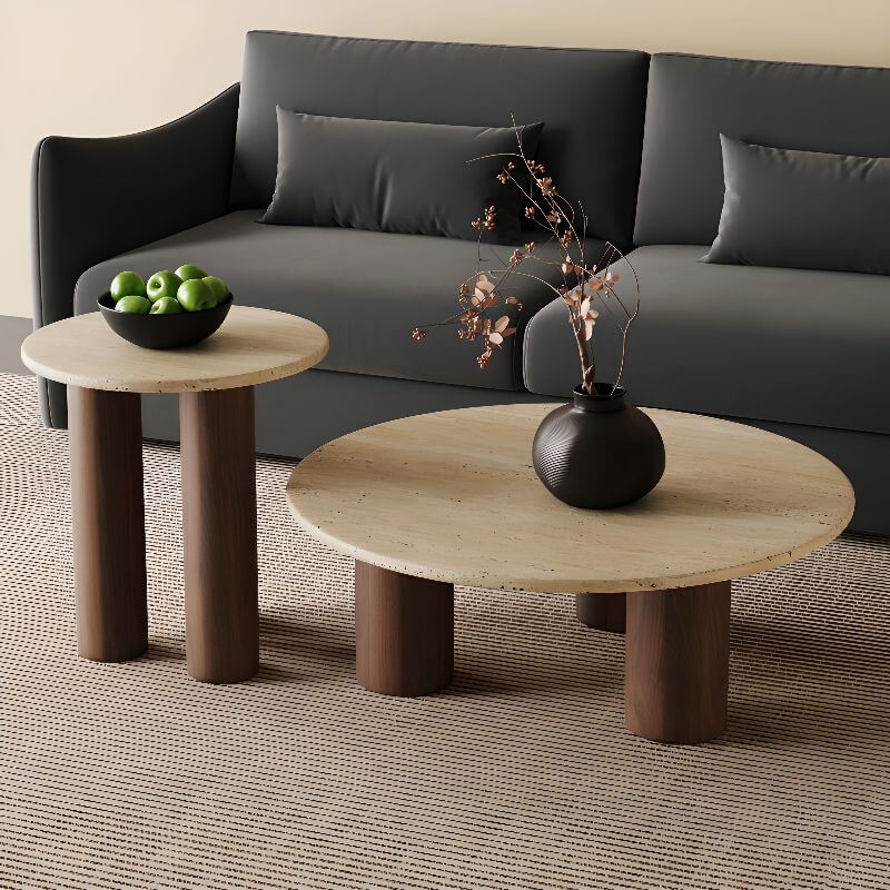 Round Coffee Table with Beige Travertine and Wooden Base