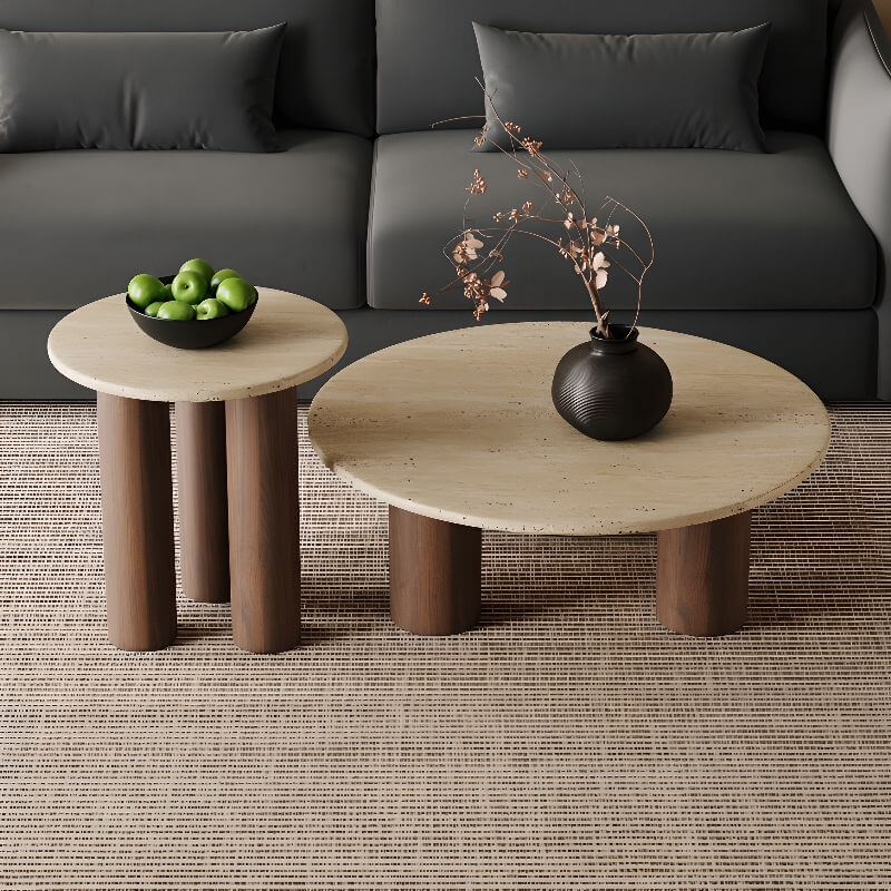 Round Coffee Table with Beige Travertine and Wooden Base