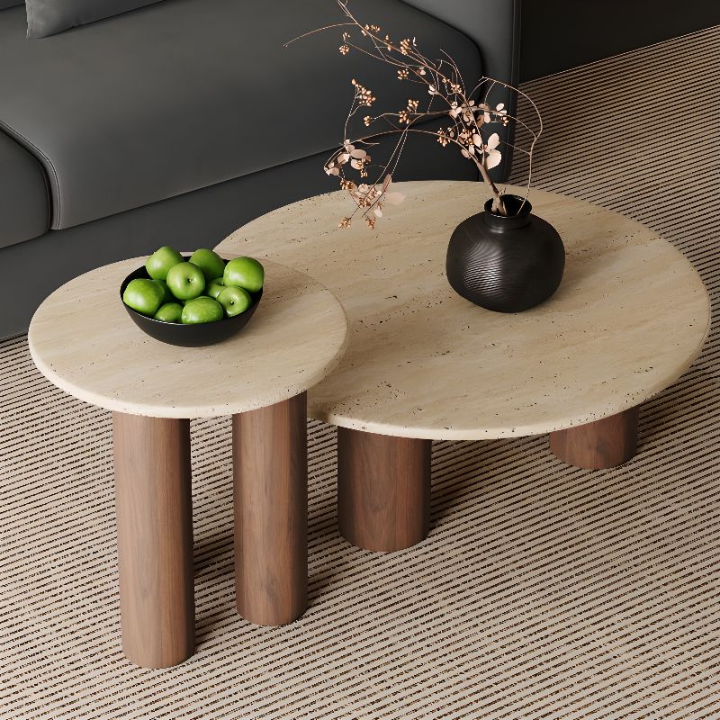 Round Coffee Table with Beige Travertine and Wooden Base