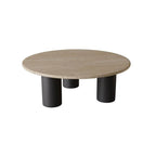 Round Coffee Table with Beige Travertine and Wooden Base