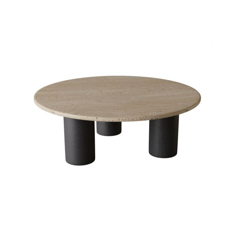 Round Coffee Table with Beige Travertine and Wooden Base