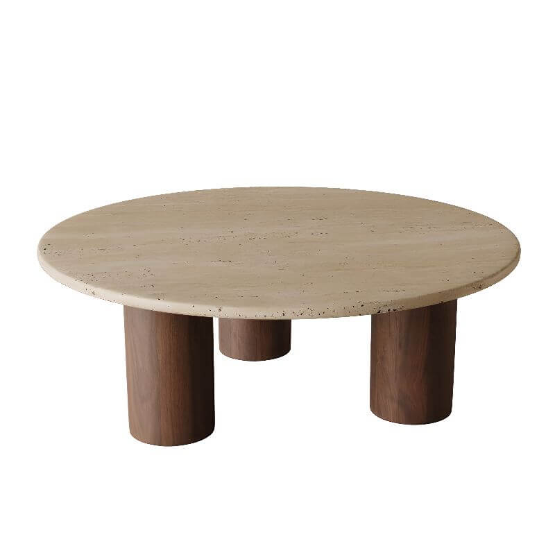 Round Coffee Table with Beige Travertine and Wooden Base
