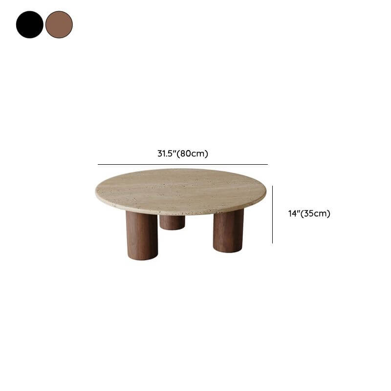 Round Coffee Table with Beige Travertine and Wooden Base Dimensions