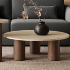 Round Coffee Table with Beige Travertine and Wooden Base Main Product Image