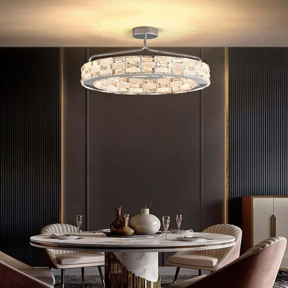 Round Crystal LED Dome Semi-Flush Mount Chandelier in Chrome