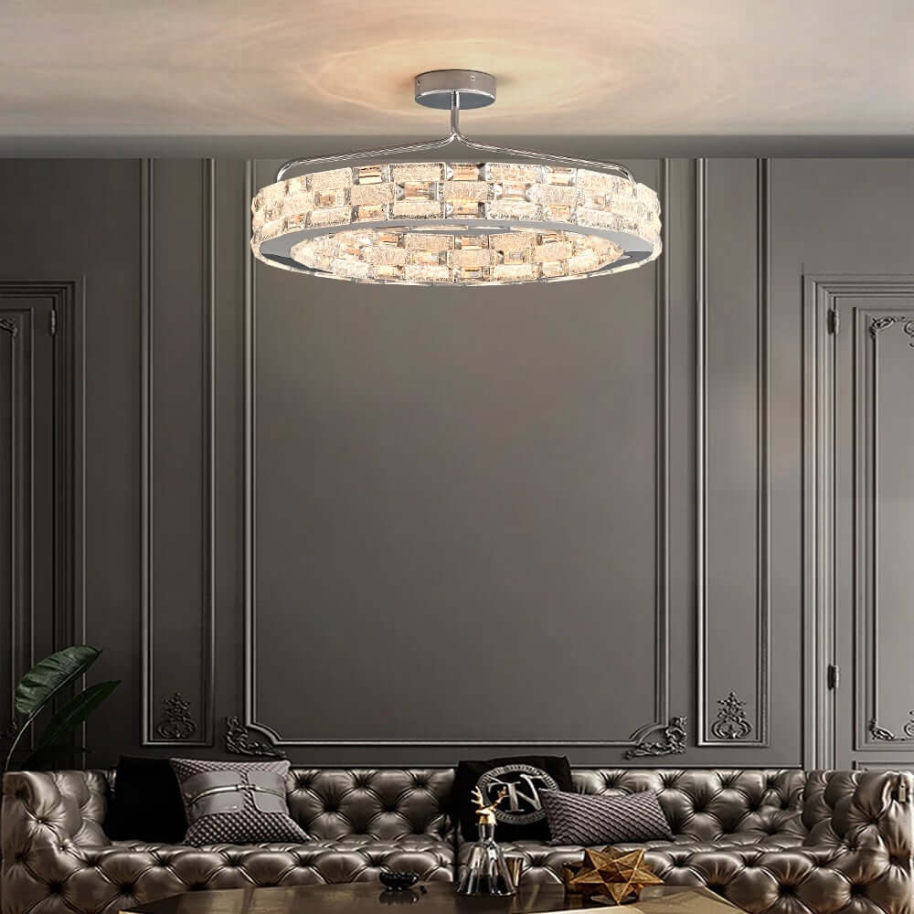 Round Crystal LED Dome Semi-Flush Mount Chandelier in Chrome