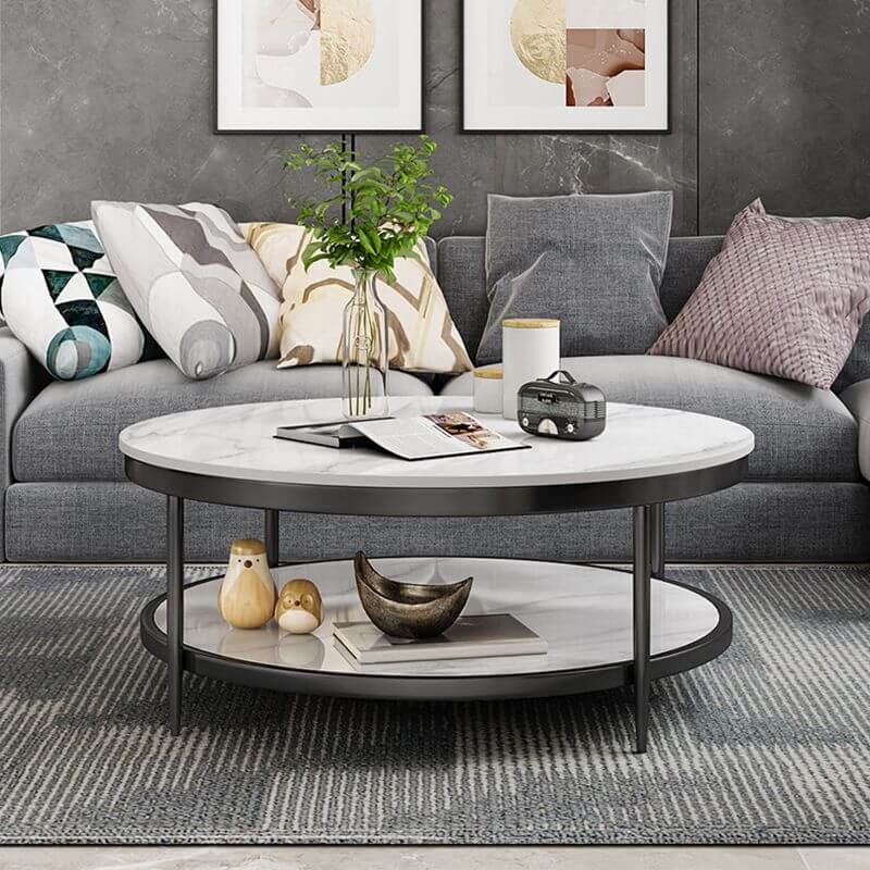Round Glam Coffee Table with Sintered Stone Top and Metal Base