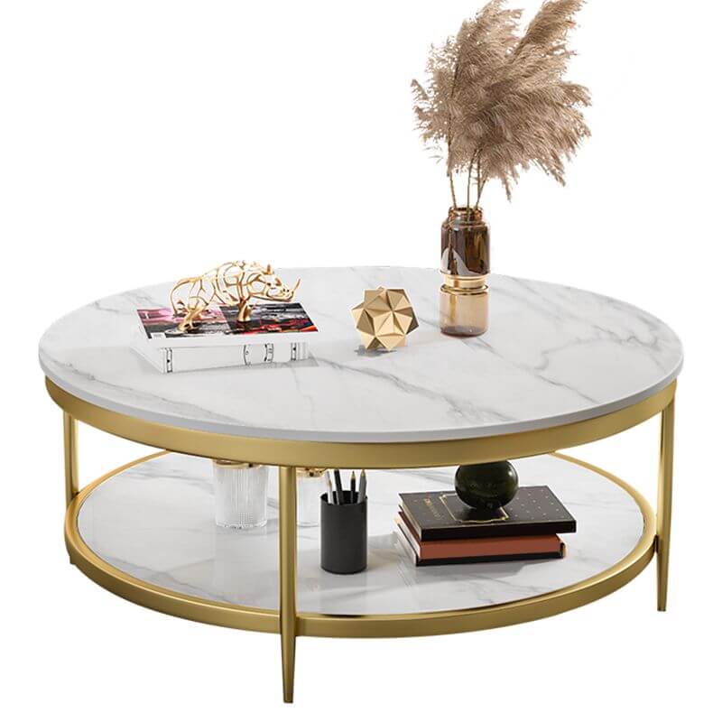 Round Glam Coffee Table with Sintered Stone Top and Metal Base