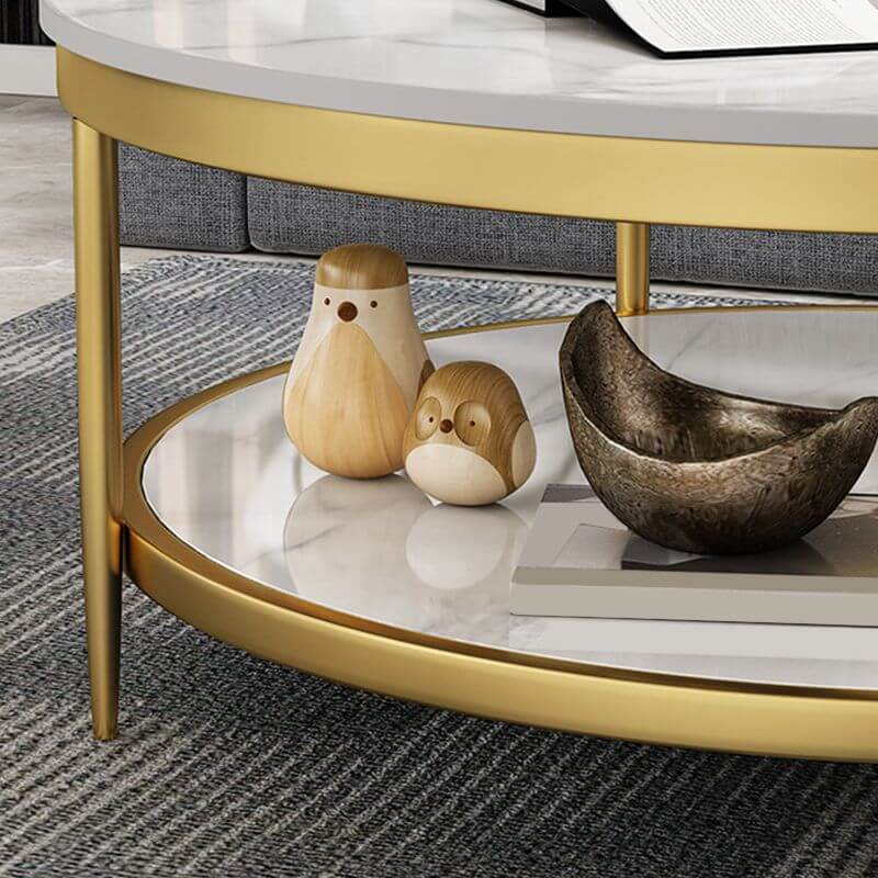 Round Glam Coffee Table with Sintered Stone Top and Metal Base