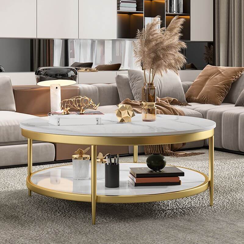 Round Glam Coffee Table with Sintered Stone Top and Metal Base Imagen secundaria del producto