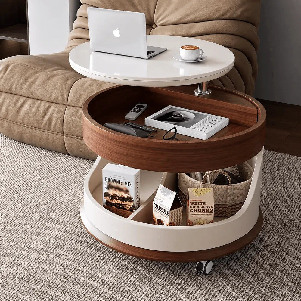 Round Lift Top Coffee Table with Stone Top, Rolling Storage Design