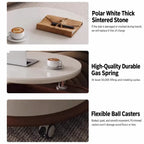 Round Lift Top Coffee Table with Stone Top, Rolling Storage Design