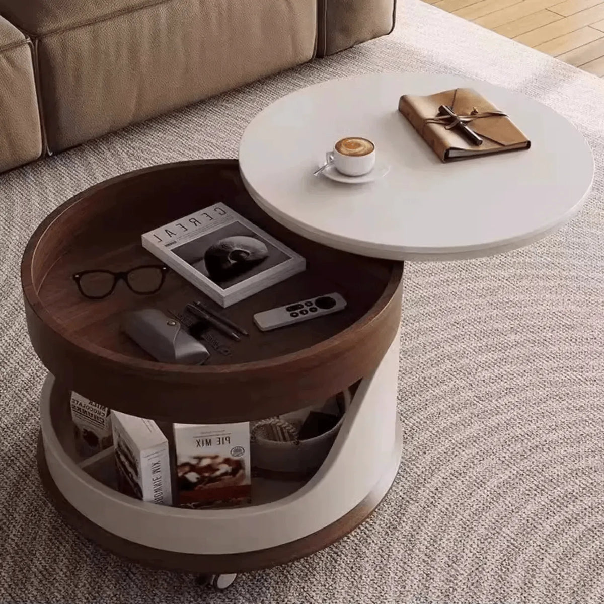 Round Lift Top Coffee Table with Stone Top, Rolling Storage Design