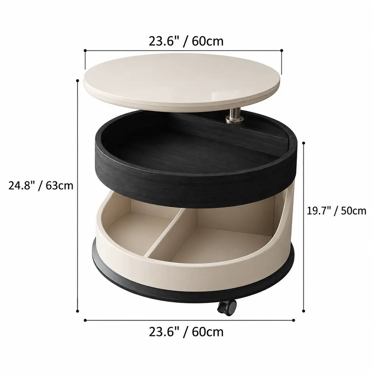 Round Lift Top Coffee Table with Stone Top, Rolling Storage Design