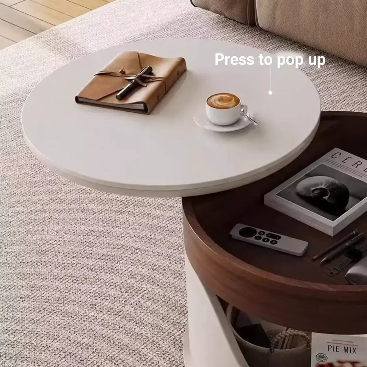 Round Lift Top Coffee Table with Stone Top, Rolling Storage Design