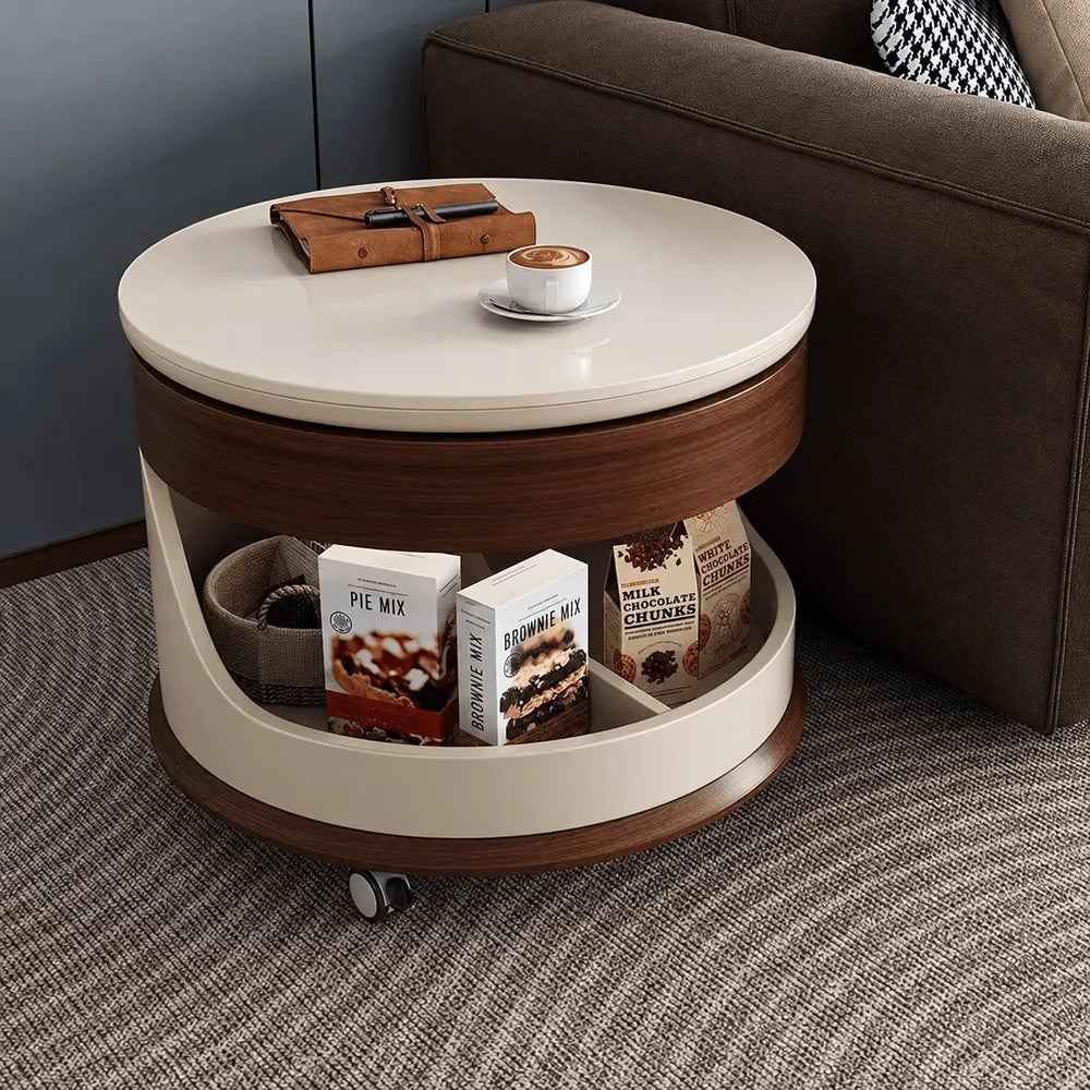 Round Lift Top Coffee Table with Stone Top, Rolling Storage Design