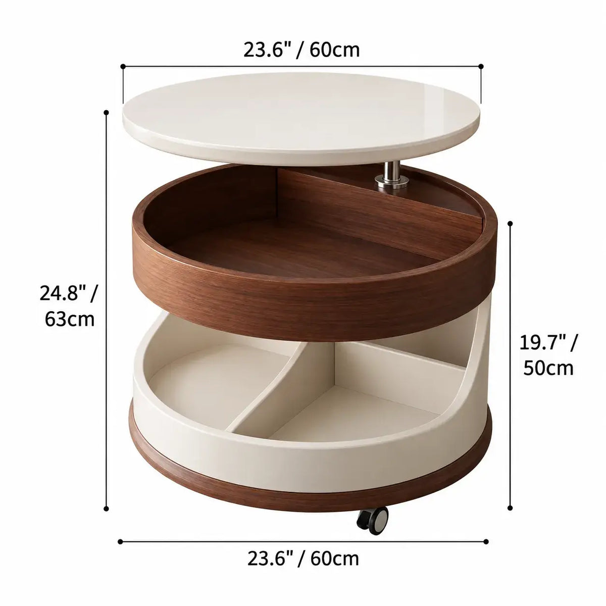 Round Lift Top Coffee Table with Stone Top, Rolling Storage Design Dimensions