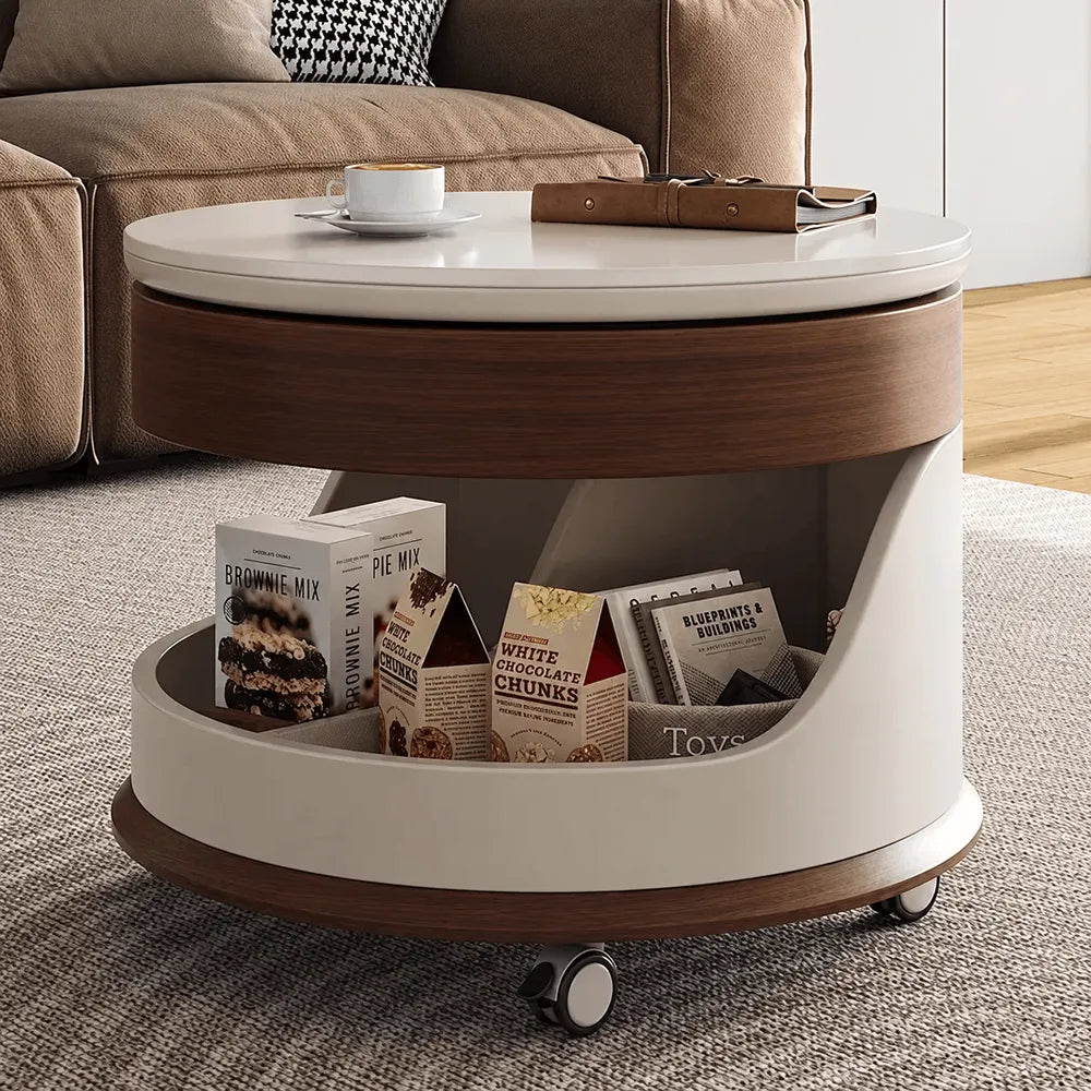Round Lift Top Coffee Table with Stone Top, Rolling Storage Design Main Product Image
