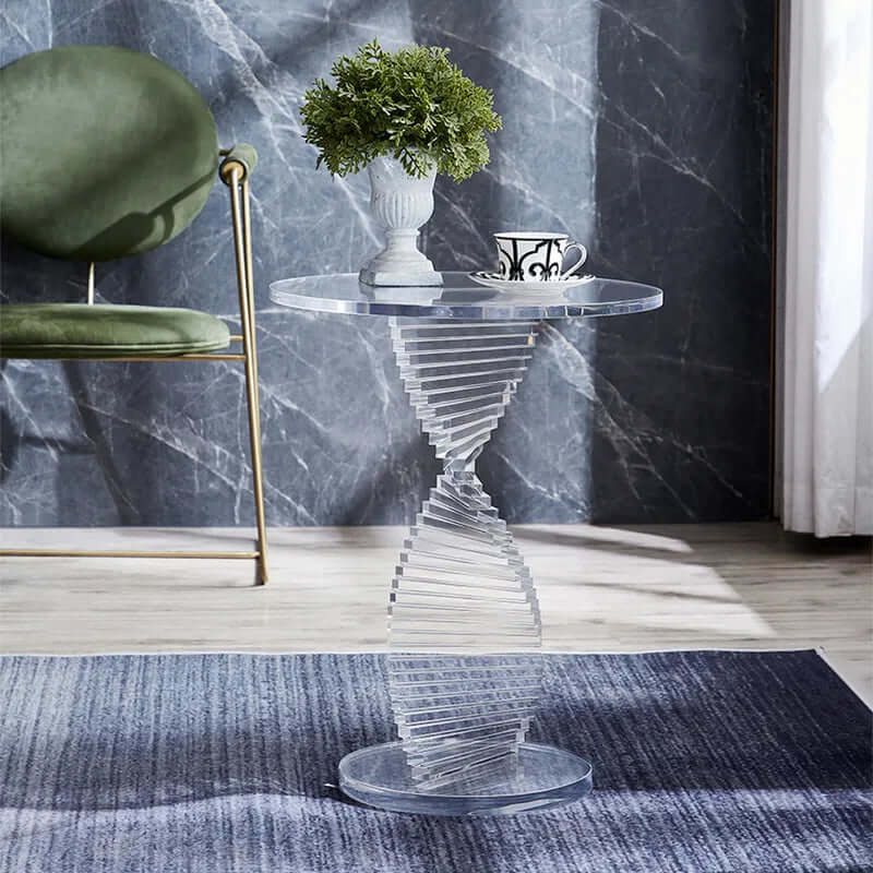 Round Spiral Helix Acrylic Side Table, Modern Clear Design