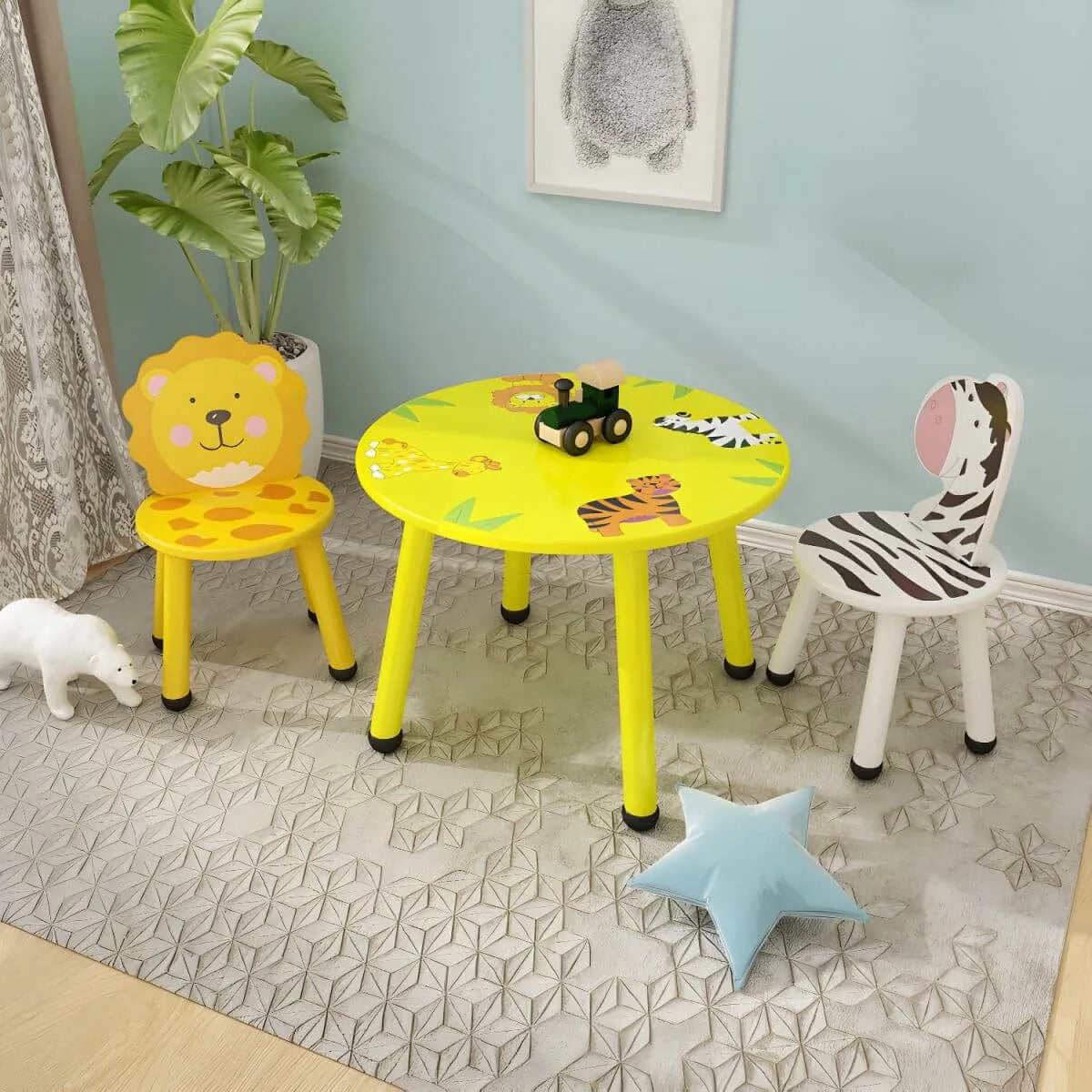 Round & Square Kids' Animal-Themed Wooden Desk Sets with Matching Chairs