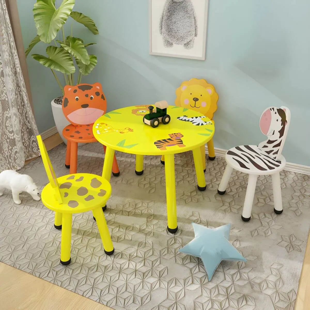 Round & Square Kids' Animal-Themed Wooden Desk Sets with Matching Chairs