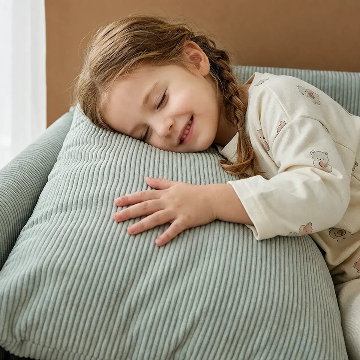 Rounded Convertible Kids Sofa Bed in Soft Ribbed Fabric for Reading Nooks