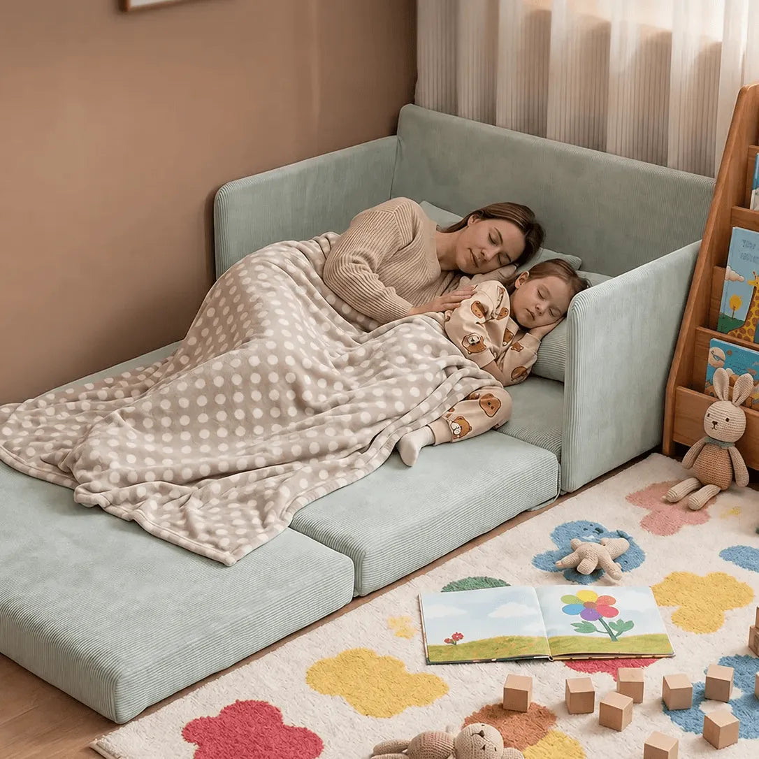 Rounded Convertible Kids Sofa Bed in Soft Ribbed Fabric for Reading Nooks Secondary image