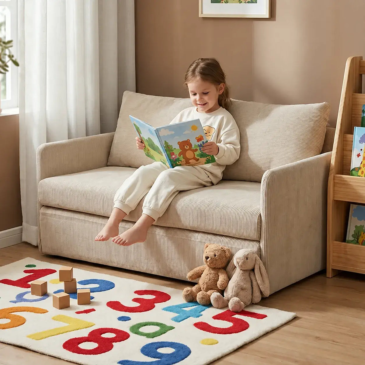 Rounded Convertible Kids Sofa Bed in Soft Ribbed Fabric for Reading Nooks
