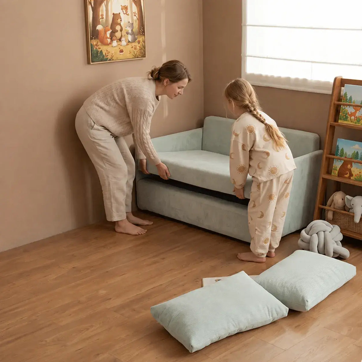Rounded Convertible Kids Sofa Bed in Soft Ribbed Fabric for Reading Nooks