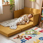 Rounded Convertible Kids Sofa Bed in Soft Ribbed Fabric for Reading Nooks