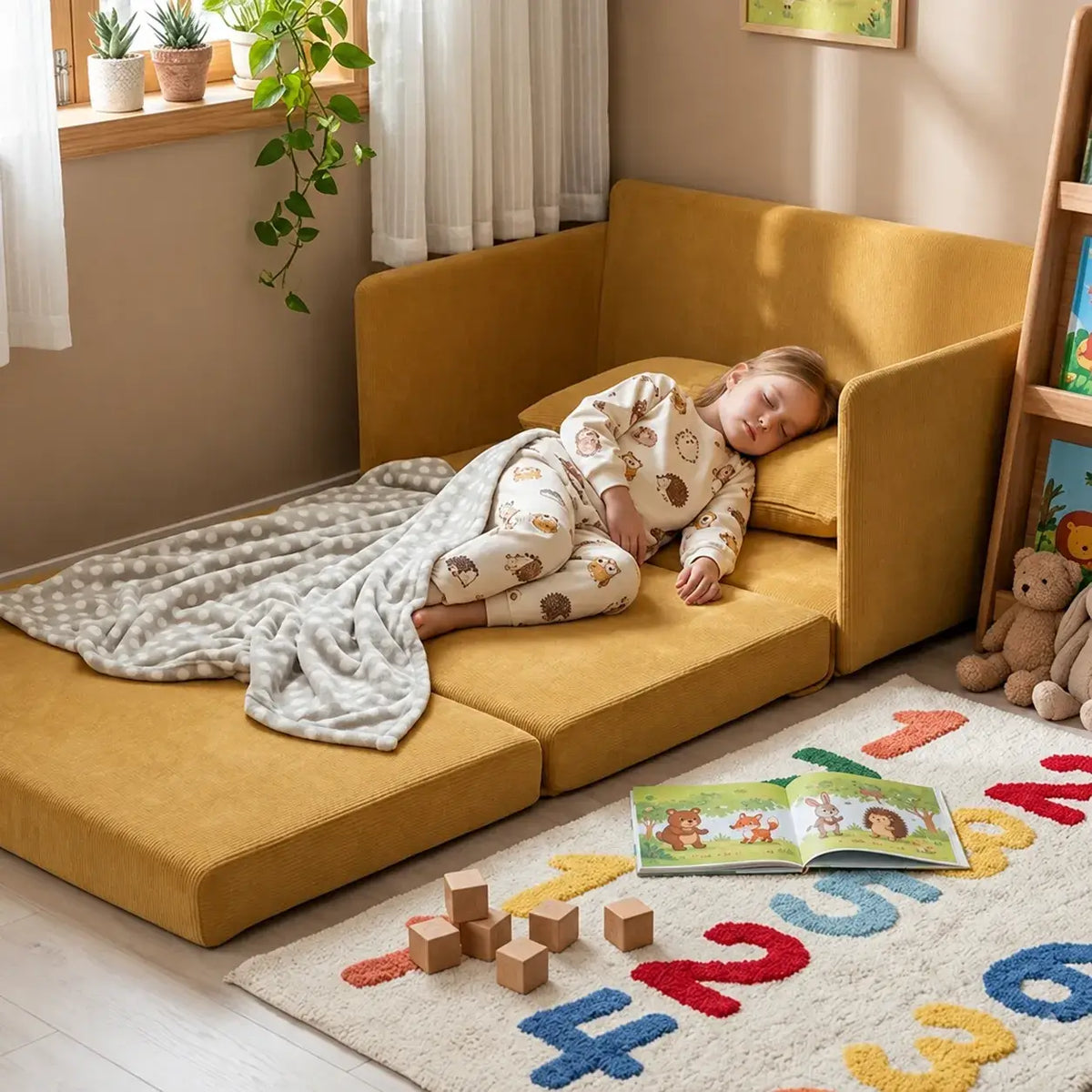 Rounded Convertible Kids Sofa Bed in Soft Ribbed Fabric for Reading Nooks