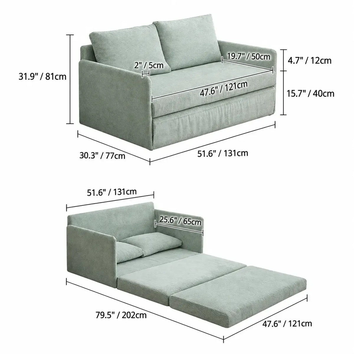 Rounded Convertible Kids Sofa Bed in Soft Ribbed Fabric for Reading Nooks Dimensions