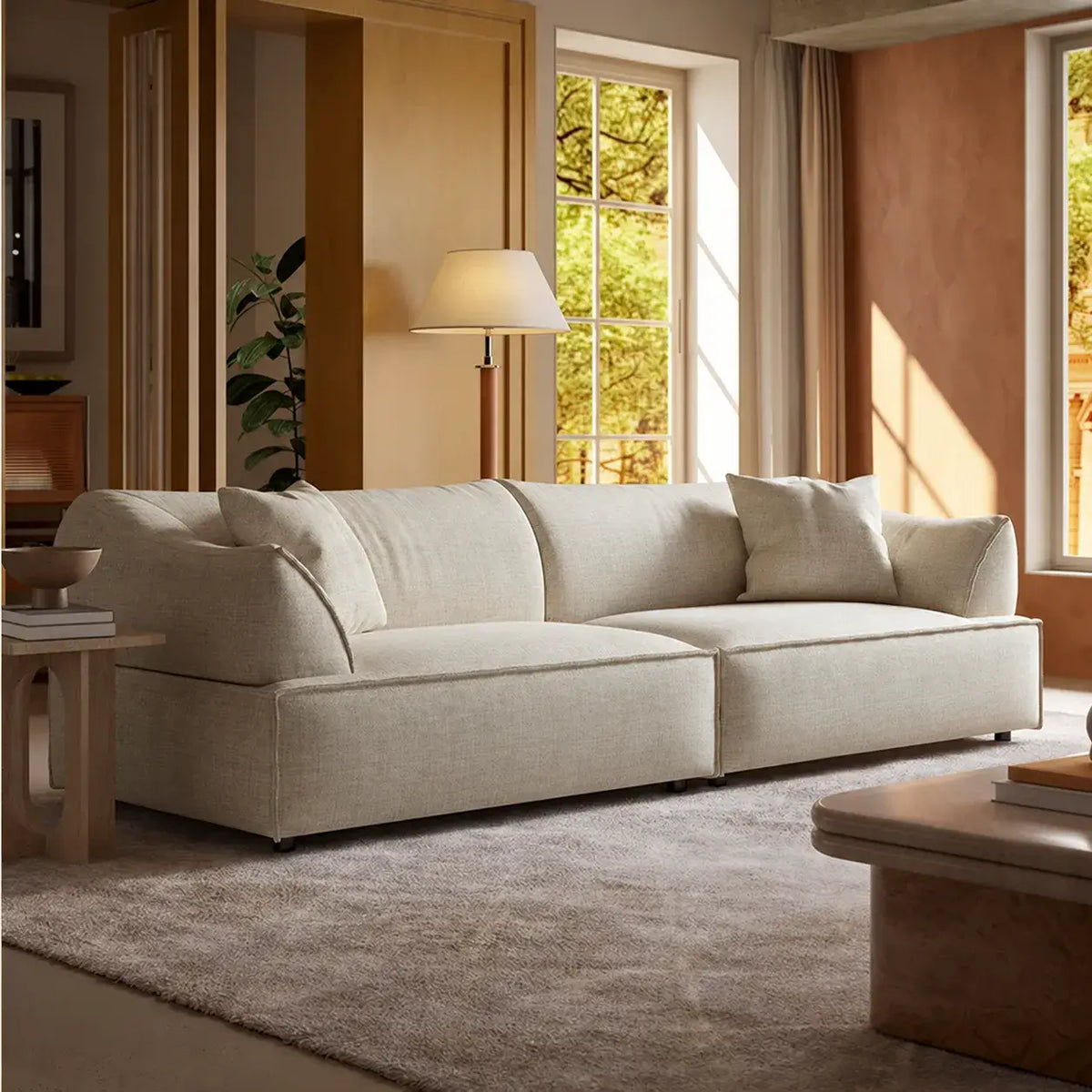 Rounded Linen Blend Sofa with Italian Vintage Tone and Cloud-Soft Comfort Main Product Image メイン画像