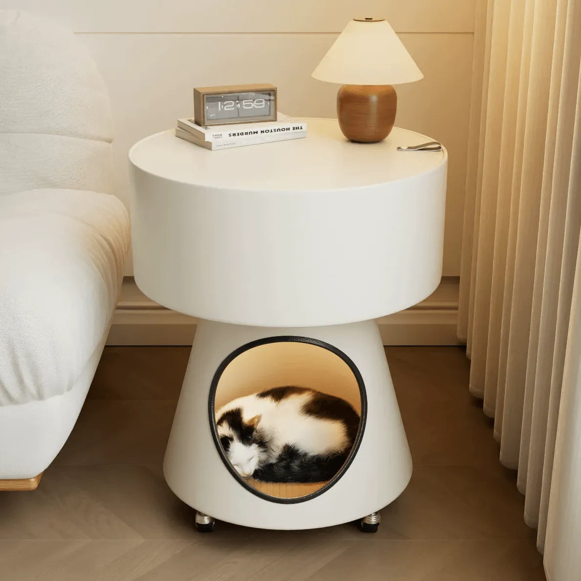 Rounded Multifunctional Pet-Friendly Nightstand With Storage and Locking Casters