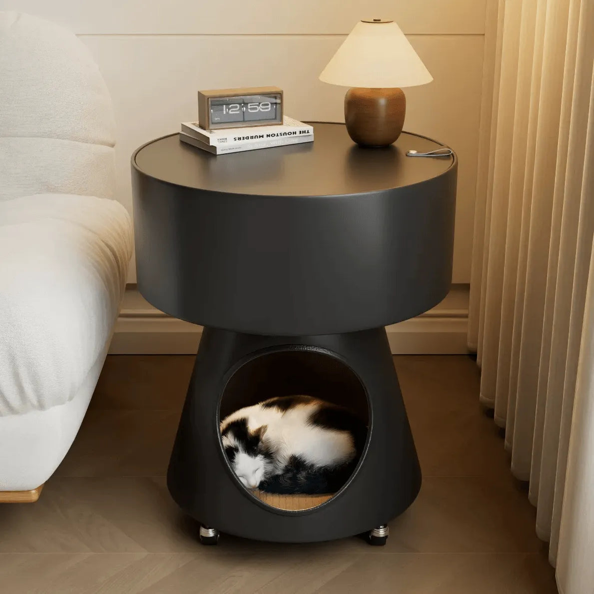 Rounded Multifunctional Pet-Friendly Nightstand With Storage and Locking Casters Main Product Image